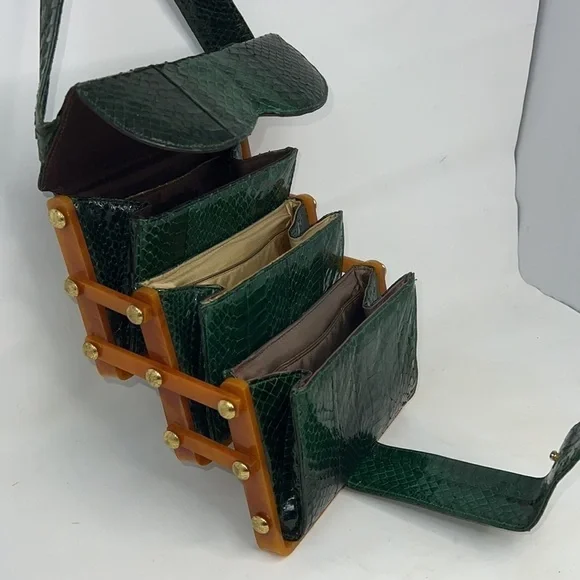 Emerald Green Snakeskin and Caramel Bakelite Geometric Tiered Handbag - Picture 7 of 16